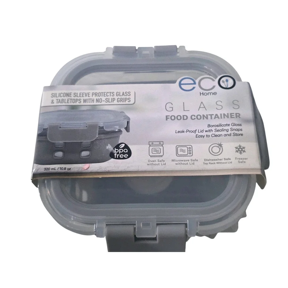 Eco Home Glass Food Container 10.8oz Grey Silicone Sleeve Leak Proof EC23-10982